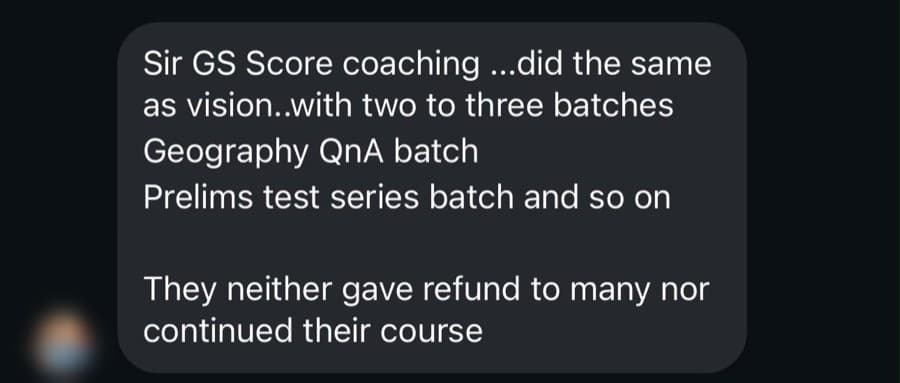 Screenshot of a GS Score student message about batches not continuing and refunds not being given