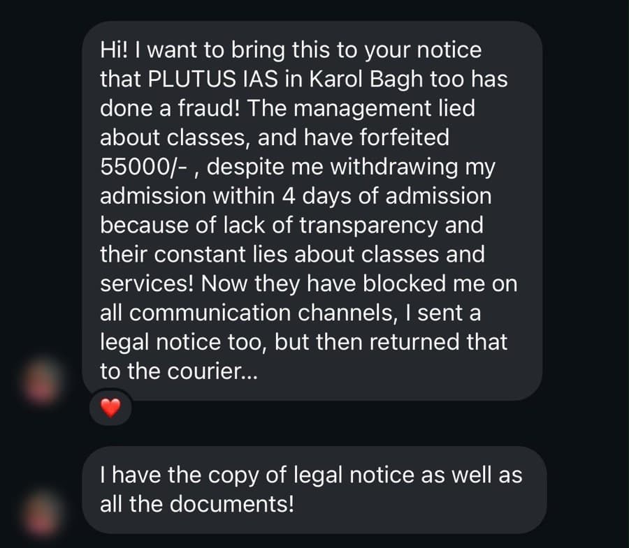 Screenshot of a Plutus IAS student message about refund refusal and legal notice