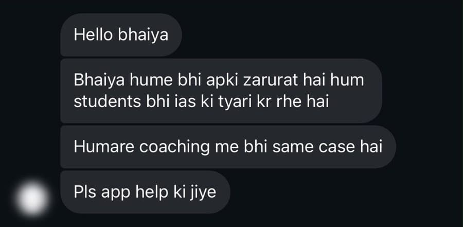 Screenshot of a student message saying their coaching has the same case and asking for help