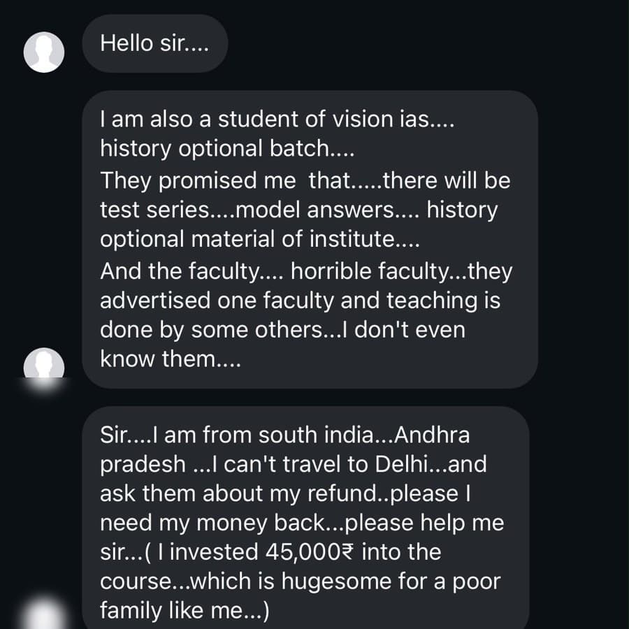 Screenshot of a Vision IAS student message asking for refund help after faculty and material issues