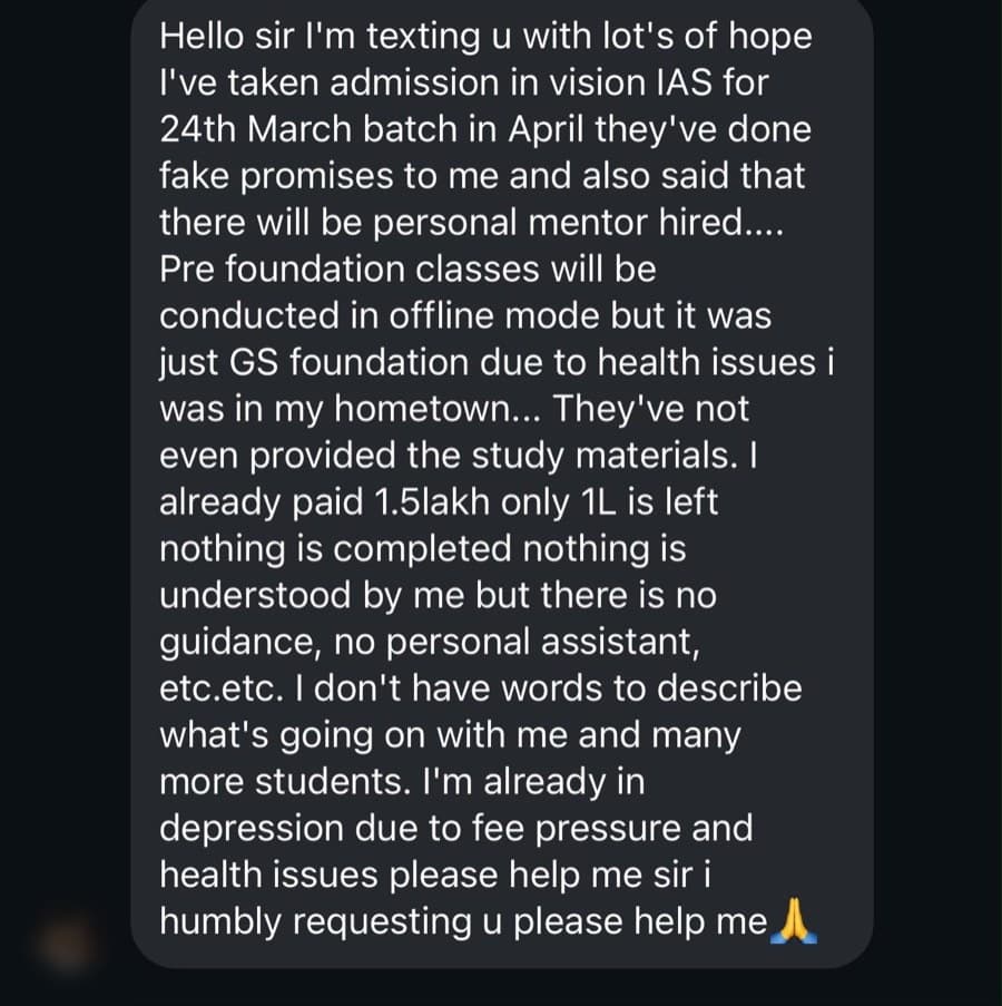 Screenshot of a Vision IAS student message about fee pressure and missing study material
