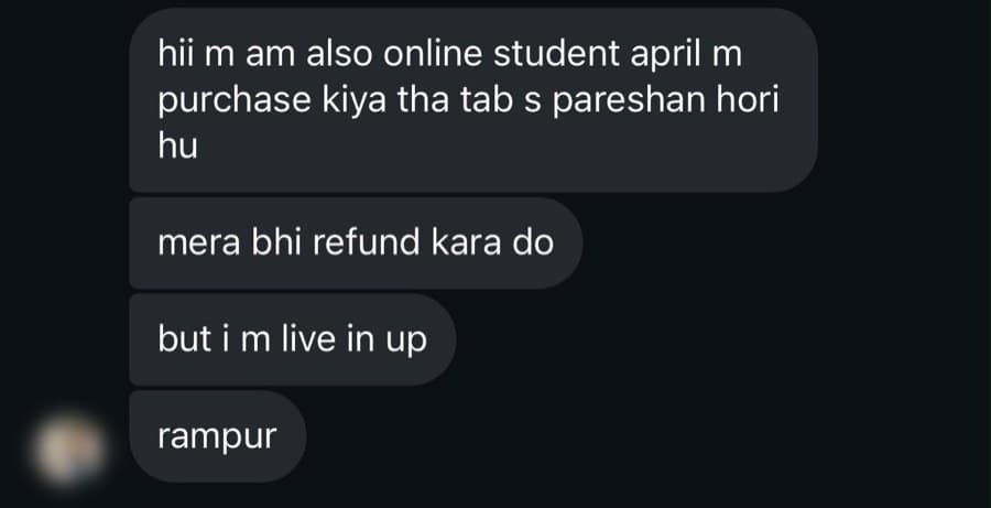 Screenshot of a Vision IAS online student asking for refund help from Rampur, Uttar Pradesh