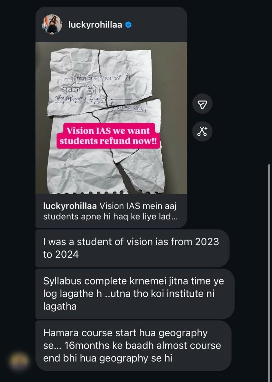 Screenshot of a student reply to a Vision IAS refund campaign story