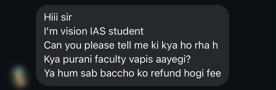 Screenshot of a Vision IAS student asking whether old faculty will return or fees will be refunded